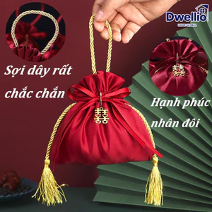 Combo 10 túi dây rút đựng kẹo đính ngọc trai, tua rua sáng tạo, 16x17cm, vải satin nhung, quà cưới