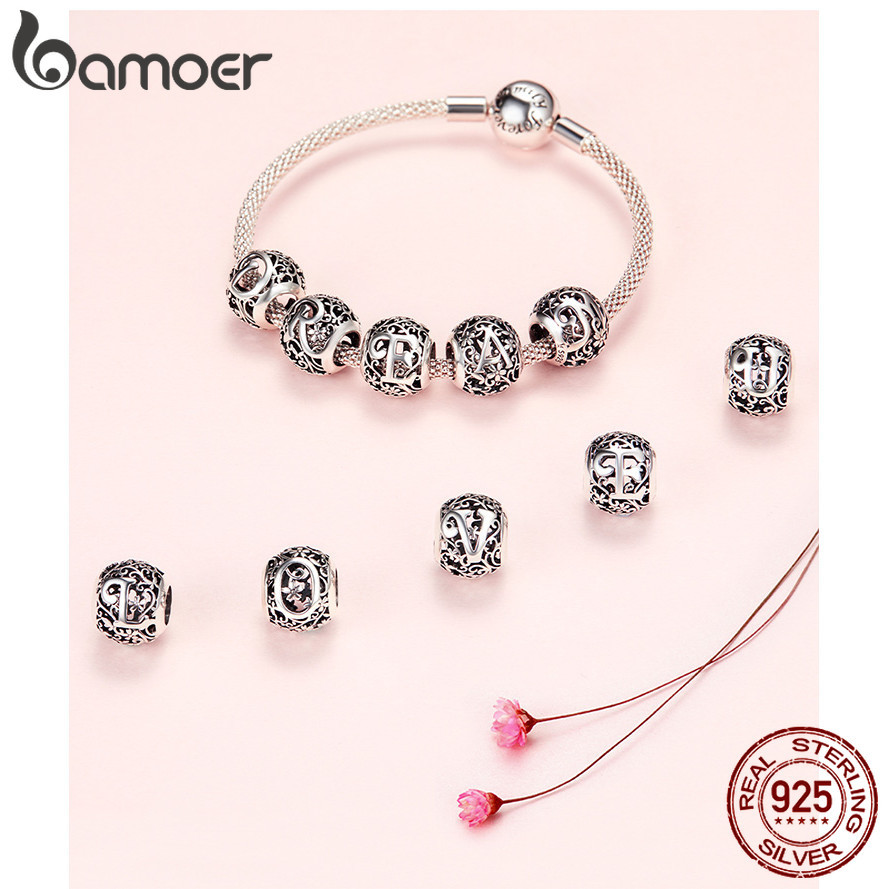 Bamoer Real 925 Bạc Charm Hạt Chữ A ~ Z Mặt Dây Chuyền Cho DIY Vòng Tay Vòng Cổ Phụ Kiện
