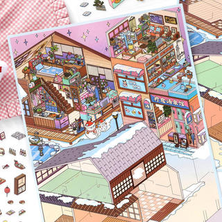 ENWEI 4 Chiếc [Dòng Góc Phố] Nhãn Dán Phong Cảnh Quá Khổ 3D Chống Thấm Nước Hot Spring Town Khách Sạn Cho Tạp Chí Sổ Lưu Niệm