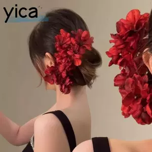 Kẹp Tóc Hoa Đỏ YICA, Phụ Kiện Tóc Truyền Thống Cưới Phong Cách Trung Hoa, Thời Trang Siêu Cổ Tích Vintage Cô Dâu Trang Trí Tóc Updo Kiểu Tóc