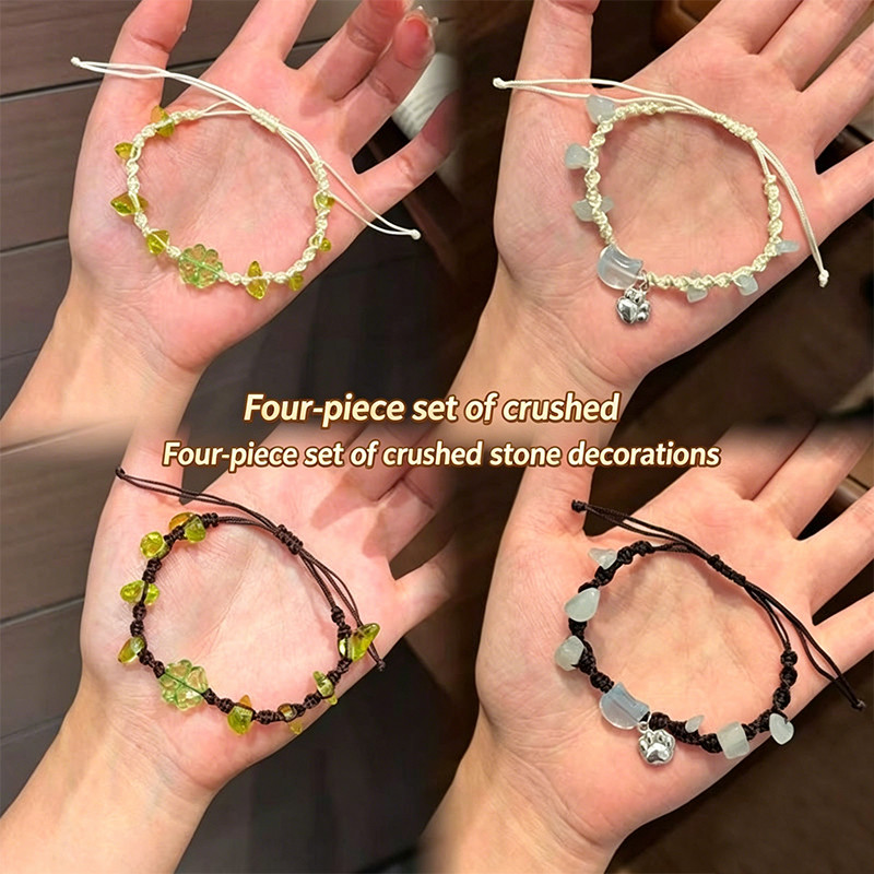 Vòng Tay May Mắn Hình Mèo Con và Bốn Lá Cỏ Ba Lá, Dệt Tay, Ngọt Ngào