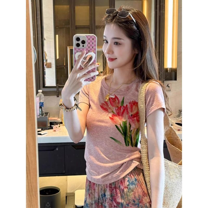 Áo Thun Hở Vai Nữ In Hoa Tulip Màu Hồng - Phù Hợp Mùa Hè