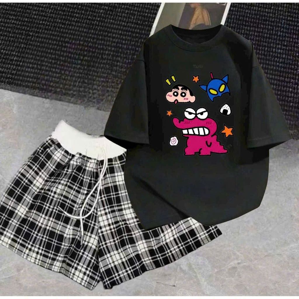 sét bộ quần đùi cộc Caro cạp trắng+mix áo phông form rộng in khủng long-SHOP THỜI TRANG THU BIO