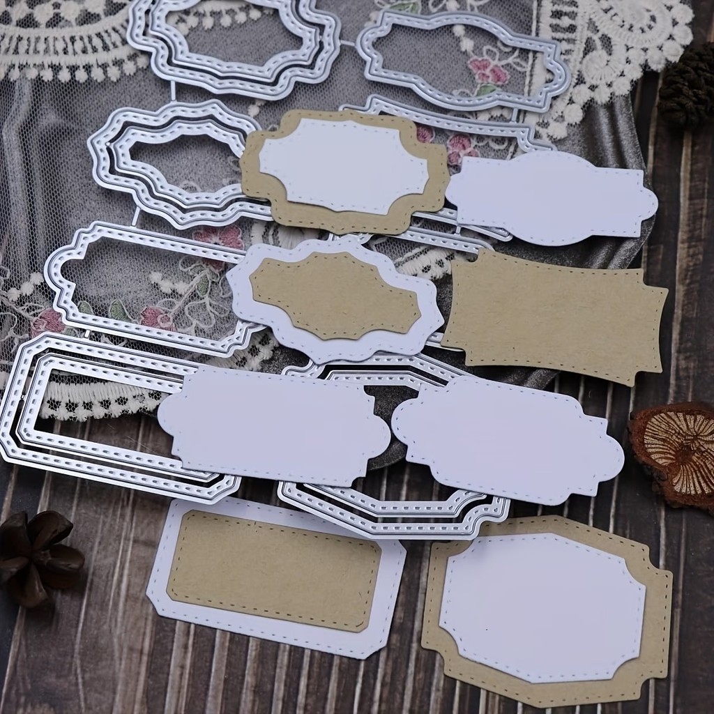 Retro Nhãn Khung Kim Loại Thép Carbon Cắt Khuôn Sổ Lưu Niệm Dập Nổi Khắc Bản Mẫu DIY Album Ảnh Thiệp Chúc Mừng Cắt Chết Giấy Thủ Công Dụng Cụ