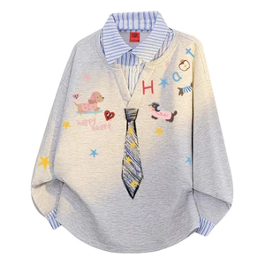 VN Áo sơ mi hai mảnh cổ áo graffiti tie-in, kích thước lớn, phù hợp unisex