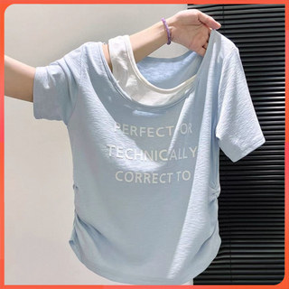 Mùa Hè Phong Cách Mới Đeo Vai Ngắn Tay Áo Thun Nữ Giả Hai Mảnh Top Slim-fit Ôm Hơn Nhìn