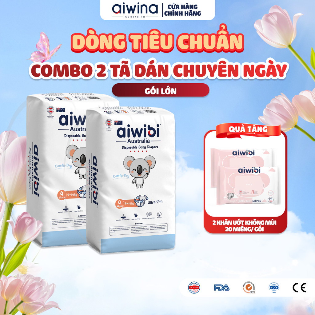 [Combo 2] Tã/Bỉm Dán Aiwibi Tiêu Chuẩn Cho Bé Thoáng Khí, Thấm Hút Nhanh - Gói Lớn S/M/L/XL