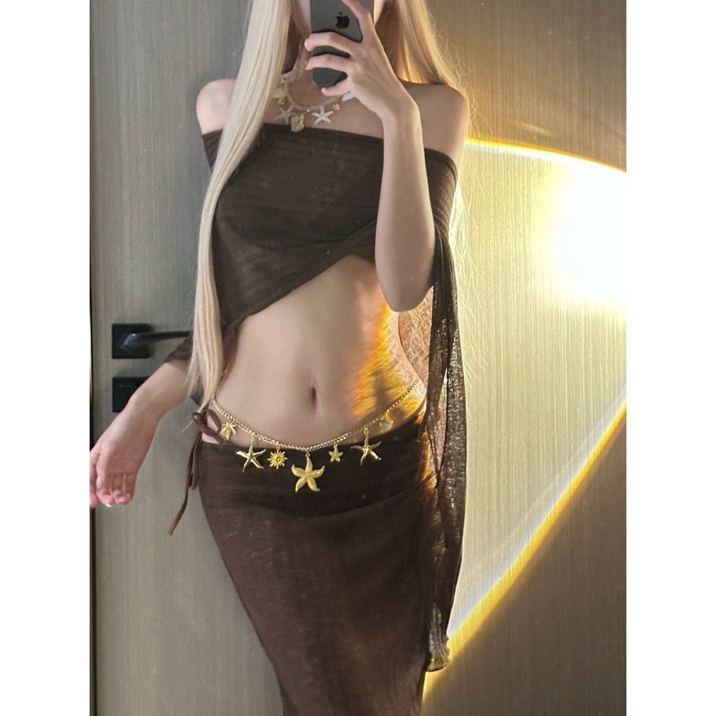 Châu Âu Phong Cách Mỹ Dệt Kim Khăn Choàng Váy Dài Bikini Chia Đồ Bơi Nữ Phong Cách Kỳ Nghỉ