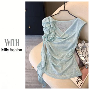 Milyfashion Pure Desire Xoay Cổ Streamer Không Tay Thiết Kế Mùa Hè Cảm Thấy Móc Áo Sơ Mi Nhỏ Hơi Trong Suốt Gạc Sang Trọng Ngắn Top