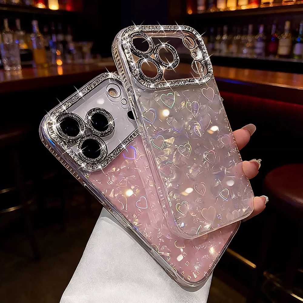 Ốp điện thoại Acrylic họa tiết vỏ Laser Love Heart cho iPhone 17 Pro Max 16 15 14 13 12 11 Vỏ bảo vệ chống sốc