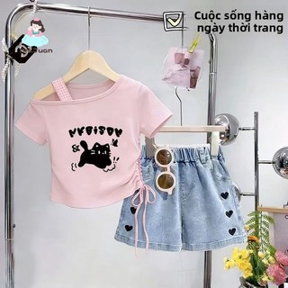 Bộ đồ bé gái – Áo lệch vai + quần jeans, thời trang, dễ thương, phong cách hè