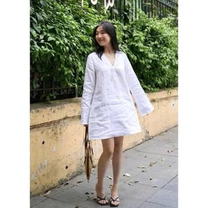 Đầm Suông Cổ V Tay Dài Chất Linen MyaHouse