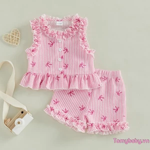 2 Bộ Trang Phục Mùa Hè Cho Bé Gái Không Tay Nơ Sọc In Hình Ruffle Áo + Quần Short