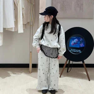 Phiên Bản Hàn Quốc Bé Gái Yêu Quần Thẳng Thường Ngày Bộ Đồ Hai Mảnh Phù Hợp Với Cổ Tròn Phù Hợp Với