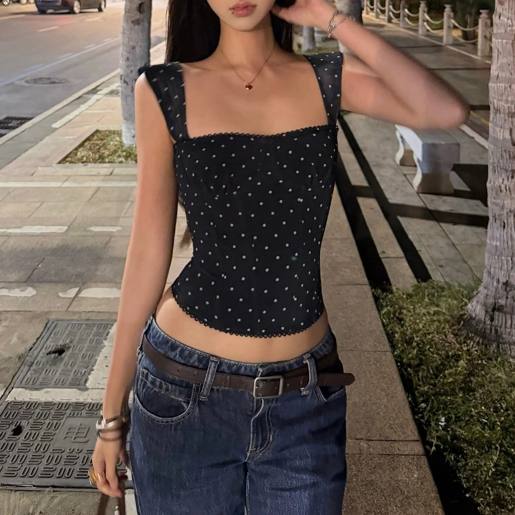 Cutenew Y2K Phong Cách Ngọt Ngào Xe Tăng Áo Nữ Xu Hướng Mùa Hè Ren Chắp Vá Chấm Bi In Lưng Rốn Lộn Đường Phố Áo Vest Thời Trang