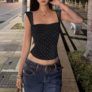 Cutenew Y2K Phong Cách Ngọt Ngào Xe Tăng Áo Nữ Xu Hướng Mùa Hè Ren Chắp Vá Chấm Bi In Lưng Rốn Lộn Đường Phố Áo Vest Thời Trang