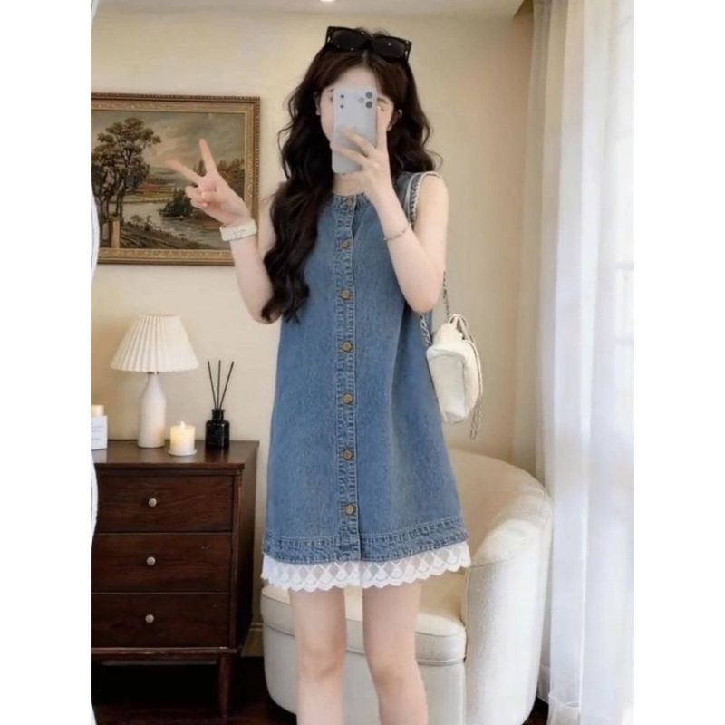 [Khuyến mãi trong thời gian có hạn] Mùa hè 2026 Váy Denim không tay phong cách mới Nữ phong cách Hàn Quốc Ren viền khâu dáng ôm hơn Váy ngắn