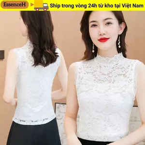 Áo sơ mi ren ESSENCEH, Áo ba lỗ hoa màu đen trắng co giãn, Cổ cao nửa cổ L-3XL Áo hai dây hoa hồng dành cho nữ bé gái
