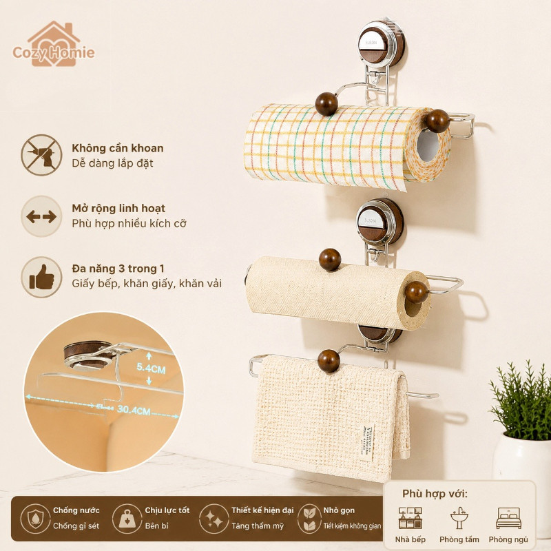 Giá đỡ cuộn giấy vệ sinh loại hút chân không, gắn tường, không làm hỏng tường, dùng cho nhà bếp và phòng tắm
