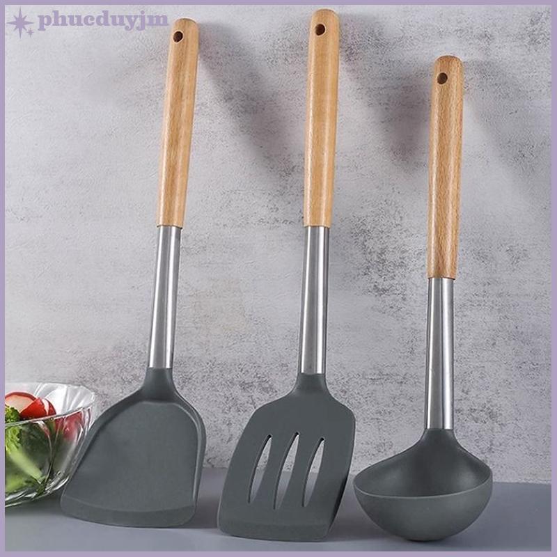 Phu Silicone đồ dùng nhà bếp gỗ xử lý không dính nồi đồ dùng nhà bếp nấu ăn chịu nhiệt súp muỗng mì ống chao xẻng VN