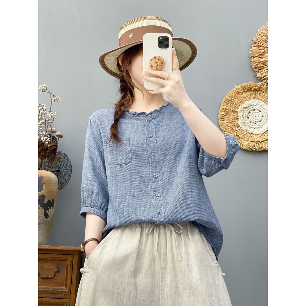Áo sơ mi nữ Cotton chất lượng cao Sợi ngàn lưới chim dáng rộng Áo sơ mi thường ngày