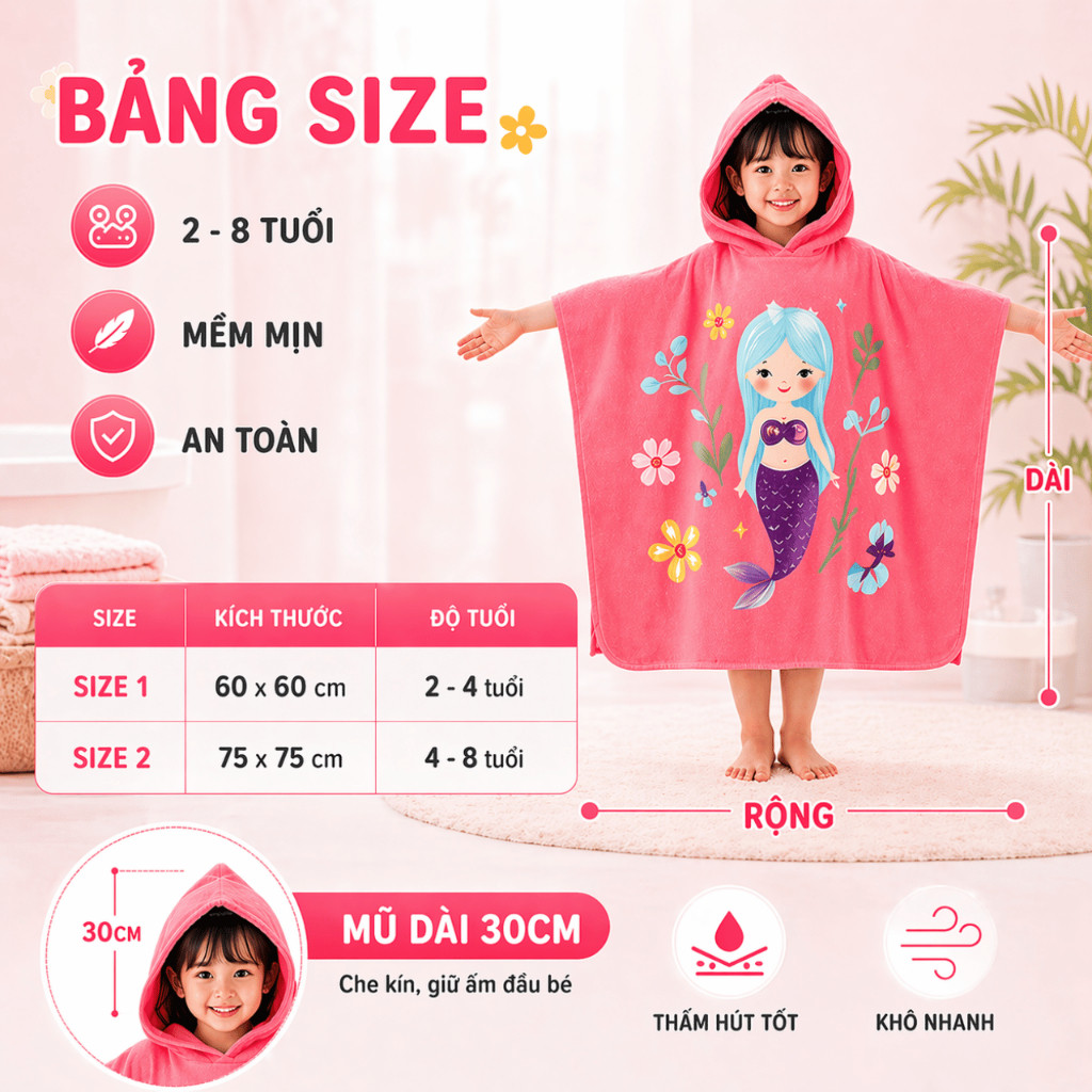 Khăn Tắm Cotton Cho Bé Có Mũ,  Khăn Tắm Trùm Đầu Trẻ Em, Thấm Hút Nhanh, Giữ Ấm Sau Khi Tắm, Đi Bơi
