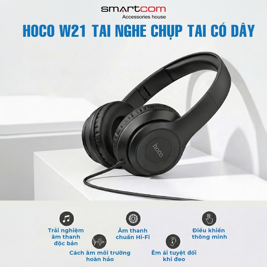 Tai nghe chụp tai có dây Hoco W21, Âm bass tốt, tai nghe học tập, kết nối mượt mà, hàng chính hãng, bảo hành 6 tháng