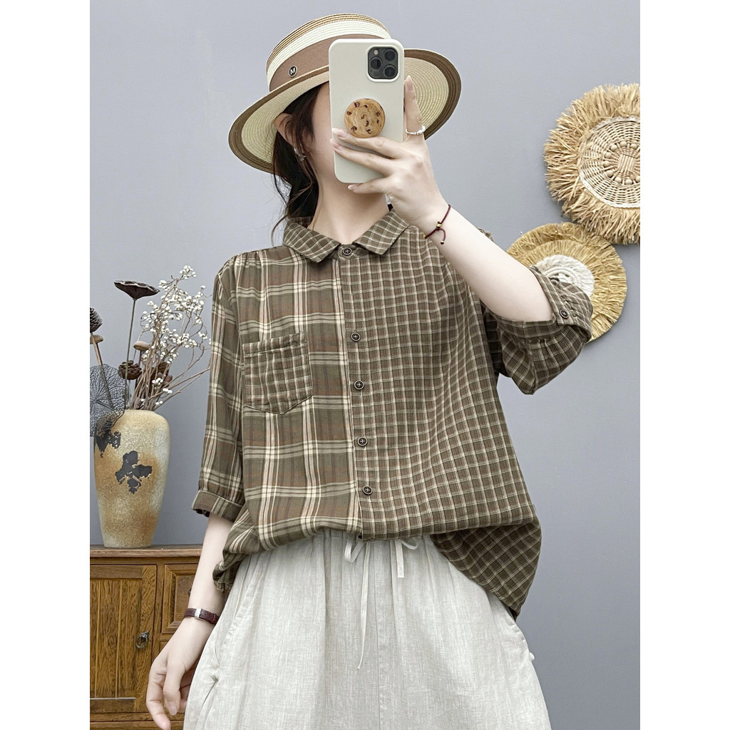 Áo Sơ Mi Nữ Sợi Cotton Cao Cấp Kẻ Sọc Tay Vừa Mùa Hè Mới Thường Ngày Skinny Top