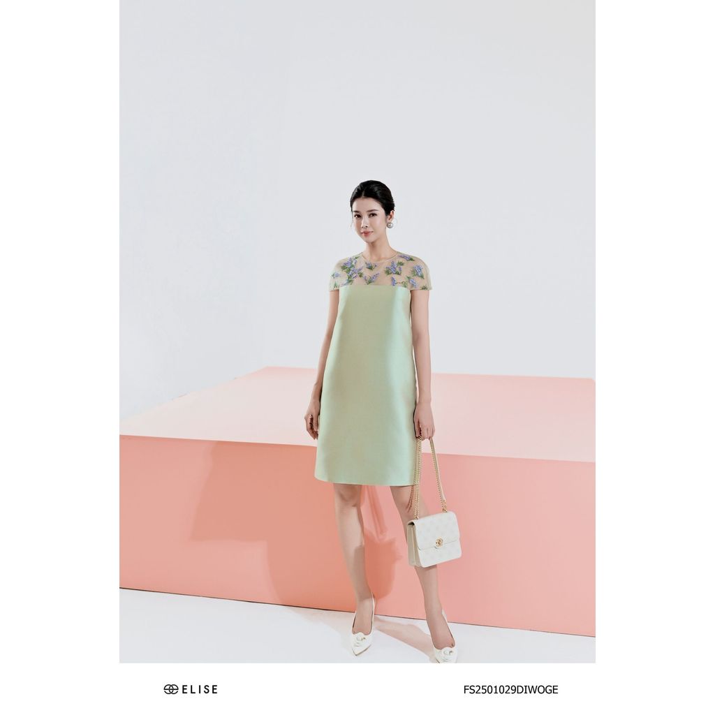 Đầm tafta xanh bạc hà phối lưới thêu hoa lavender thiết kế Elise FS2501029DIWOGE