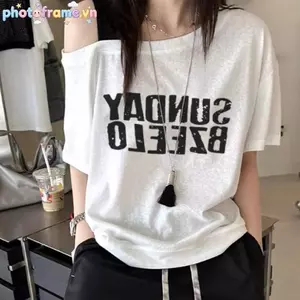 Photoframe Thời Trang Mùa Hè In Chữ Tay Ngắn Rời Vai Áo Thun Nữ VN