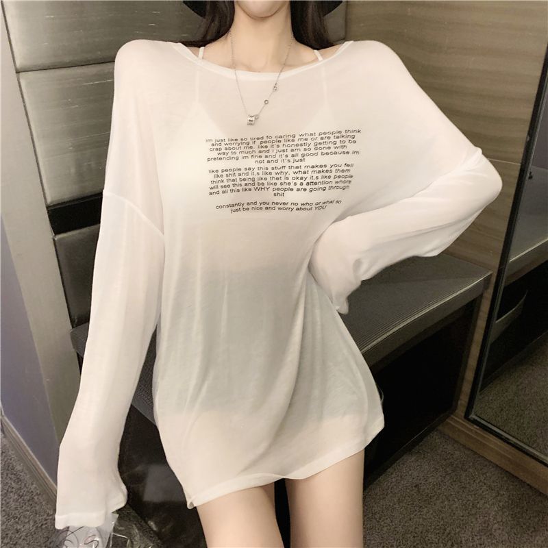 Milyfashion Mỏng Rời Gợi Cảm Nhìn Xuyên Qua Áo Sơ Mi Chống Nắng Top Mặt Trước In Hình Mặt Sau Áo Thun Dài Tay