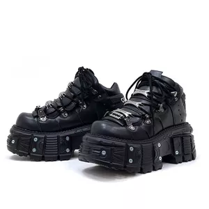 Giày Punk Gothic Nền Tảng Tối Nền Tảng Giày Punk Kim Loại Nâng Cao Giày Da Nhỏ Nữ Đá Nhỏ Buộc Dây Đinh Tán