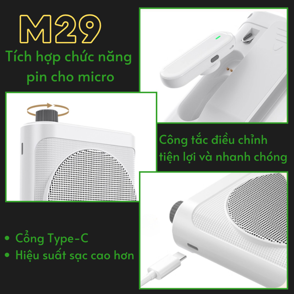 Loa Di Động Bluetooth 5.4 cho Giáo Viên Kiêm Máy Trợ Giảng M29 20W Kèm 2 Micro Kẹp Áo Từ Tính