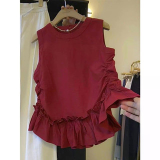 Áo sơ mi không tay cho bé gái với thiết kế agaric hem, xếp ly nẹp-waist, màu tím đỏ đơn giản và thời thượng