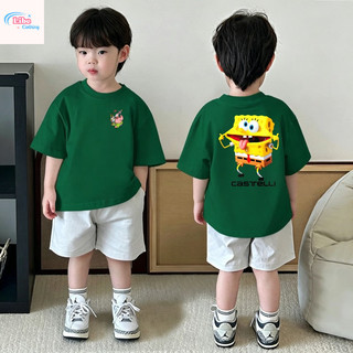 (Dành cho trẻ từ 1-12 tuổi) Áo thun ngắn tay cho trẻ em, in hình chú bọt biển hoạt hình, cổ tròn, chất liệu thoáng khí.