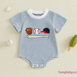 Bộ áo liền quần bé trai thêu bóng chày cổ tròn tay ngắn