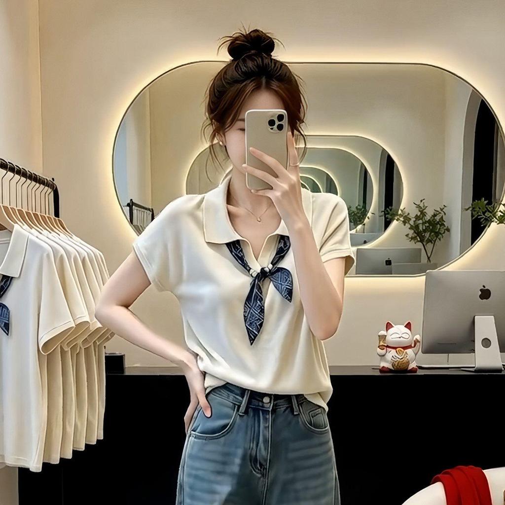 [Seckill trong thời gian có hạn] Phong cách tiền cũ phong cách Hàn Quốc cỡ lớn với khăn lụa Áo len ngắn tay mỏng dành cho nữ