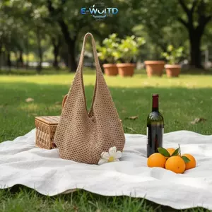 E-WOITD Handmade Dệt Kim Túi Đi Biển Rỗng Dệt Phong Cách Boho Tote Dung Tích Lớn Nữ Túi Xách Cho Mùa Hè Dã Ngoại E-WOITD