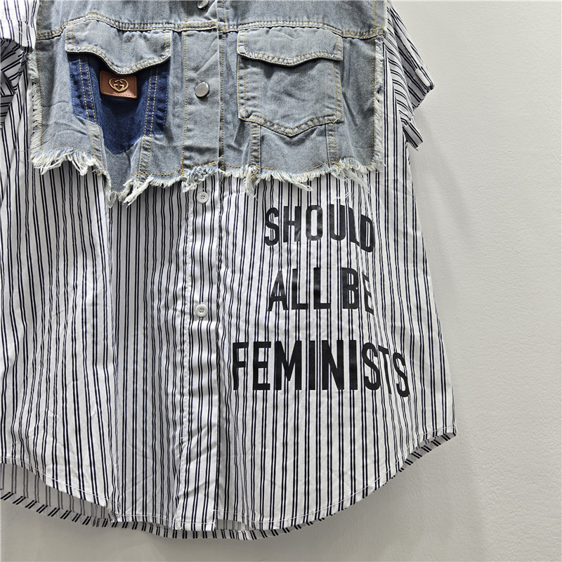 Châu Âu Khâu Màu Sắc Tương Phản In Chữ Denim Áo Sơ Mi Tay Ngắn Phong Cách Thoáng Mát Nữ Mùa Hè Rời Fried Street Áo Sơ Mi