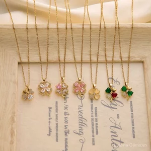 Cao Cấp Ánh Sáng Sang Trọng Full Kim Cương Micro-Ind Zircon Ngọc Lục Bảo Bốn Phá Hoa Vòng Cổ Nữ Mạ Đồng Thật Vàng Mặt Dây Chuyền ins Phong Cách