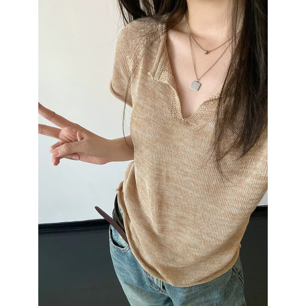 SUXI Áo thun ngắn tay dệt kim cổ chữ V cổ điển mới mùa hè dành cho nữ 260504