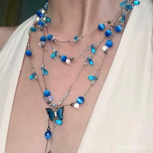 Bướm Xanh Mát Đính Hạt Nhiều Lớp Tua Rua Xếp Chồng Vòng Cổ Nữ Niche Cao Cấp choker Sang Trọng Xương Đòn Dây Chuyền