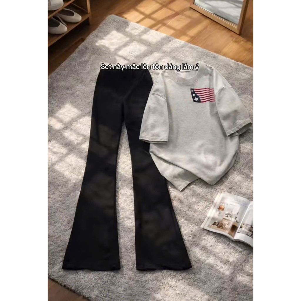 [ MỞ BÁN  ] Bộ quần ống loe dài + và áo phông unisex lá cờ mỹ phongn cách ullzang -thoitrang