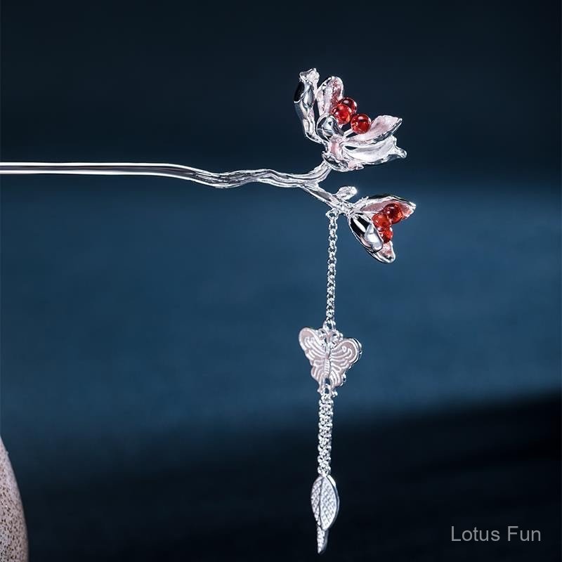 S925 Bạc Garnet Kẹp Tóc Retro Court Hanfu Phụ Kiện Mũ Đội Đầu Hoa Đẹp 520 Quà Tặng