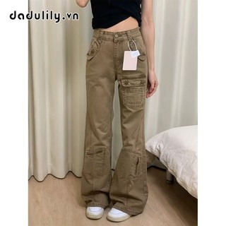 Quần jean trang phục lao động màu kaki phong cách high street kiểu Mỹ, ống đứng rộng, dài chấm đất