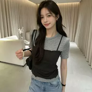 Thiết kế phiên bản Hàn Quốc Ôm hơn Áo thun ngắn tay giả hai mảnh thời trang-