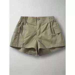 Quần short nữ xanh lính kiểu Mỹ, túi hộp, cạp chun co giãn, phong cách retro, dáng rộng