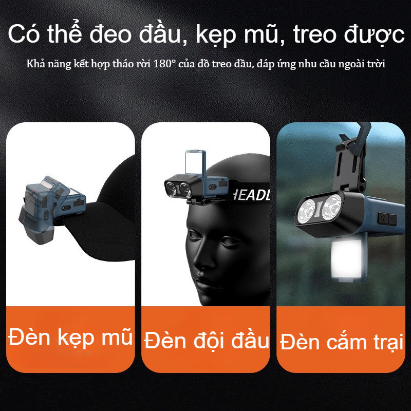 Đèn Pin đội đầu Siêu Sáng, Cảm Biến Bằng Tay, Chống Nước Mưa IPX6, Pin Trâu Thời Lượng Dài