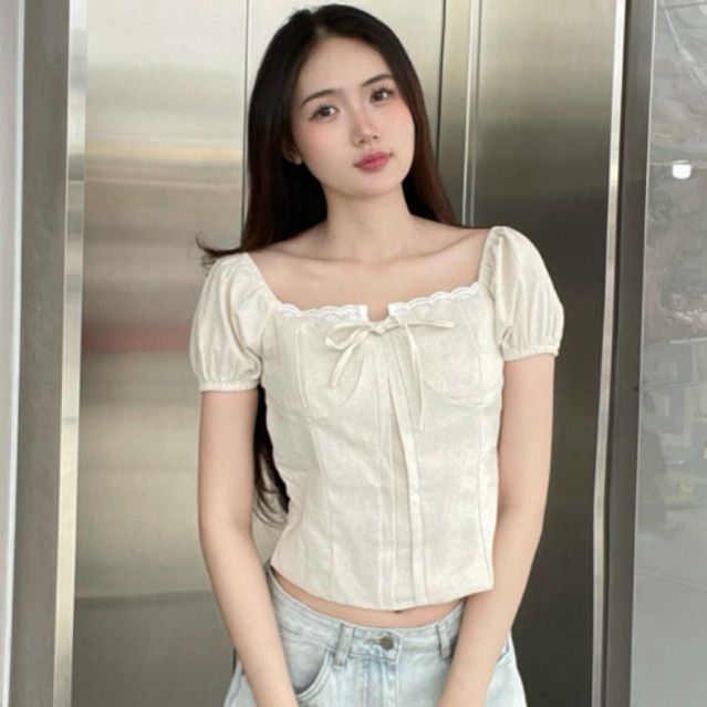 Áo babydoll nữ kiểu Linen tay phồng nơ ngực công chúa phong cách Ma380 - SamHi Closet