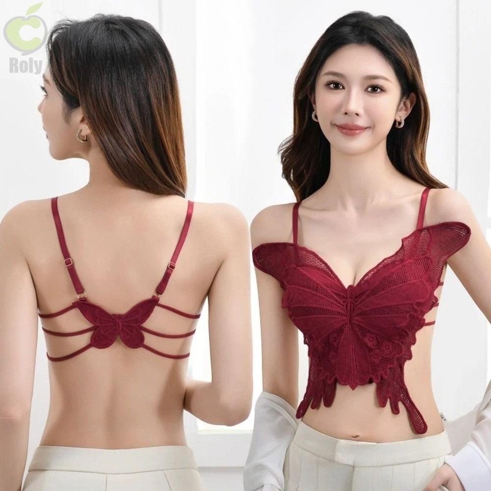 Áo ngực bướm hở lưng màu xám, Áo Vest rỗng có đệm vừa vặn, mặc đi biển ngọt ngào phong cách Hàn Quốc Áo hai dây ren nữ